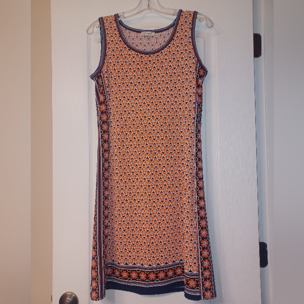 Max Studio Orange Geometric Midi Shift Dress with Navy Trim